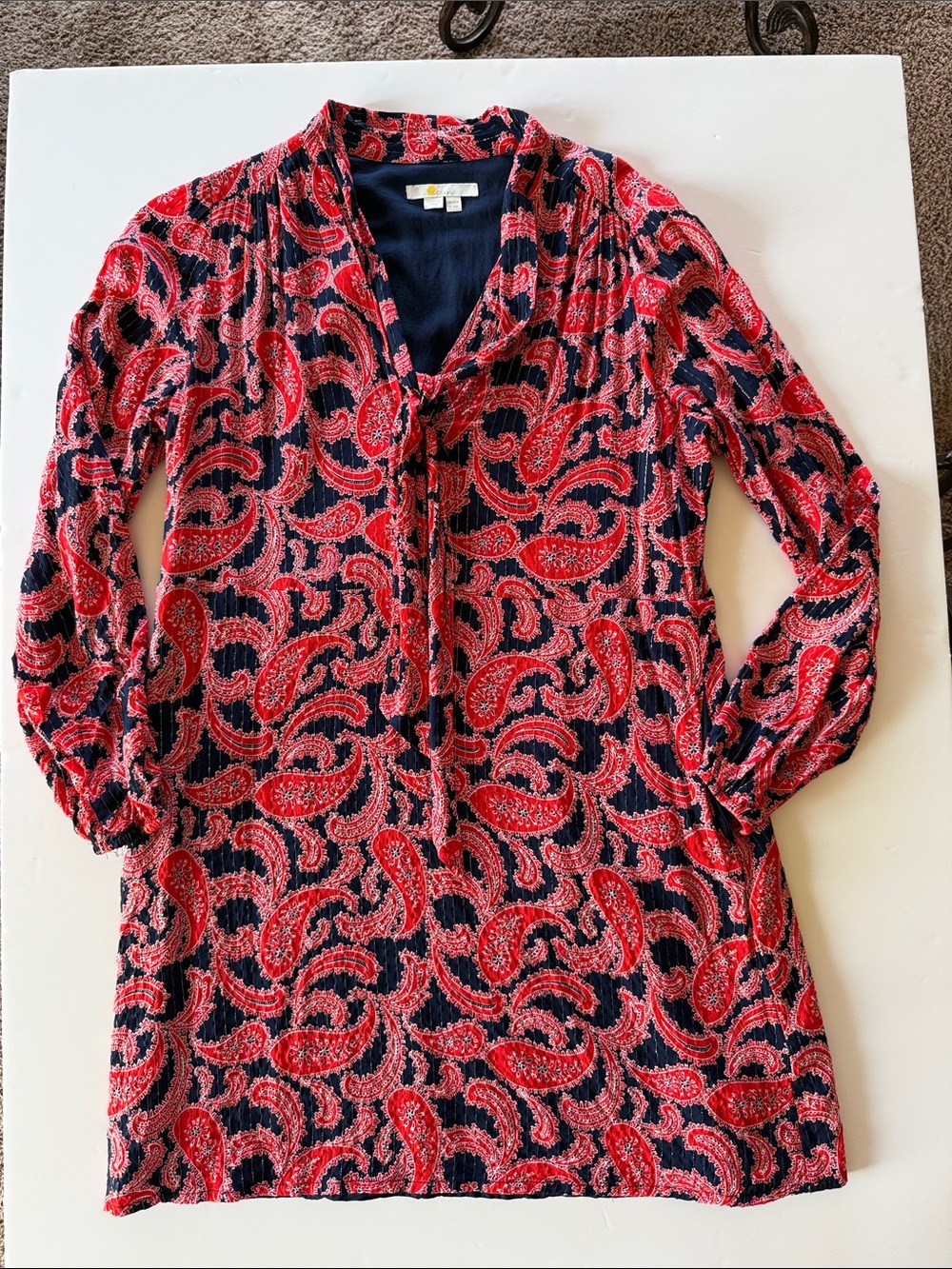 Boden Red/Navy Paisley Tie-Neck Mini Dress US Size 8 - Picture 3 of 15